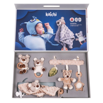 Zestaw sensoryczny 4w1 dla Niemowląt 0+ Miękki Kocyk + 2 Zawieszki z Drewnem + Drążek z zawieszkami